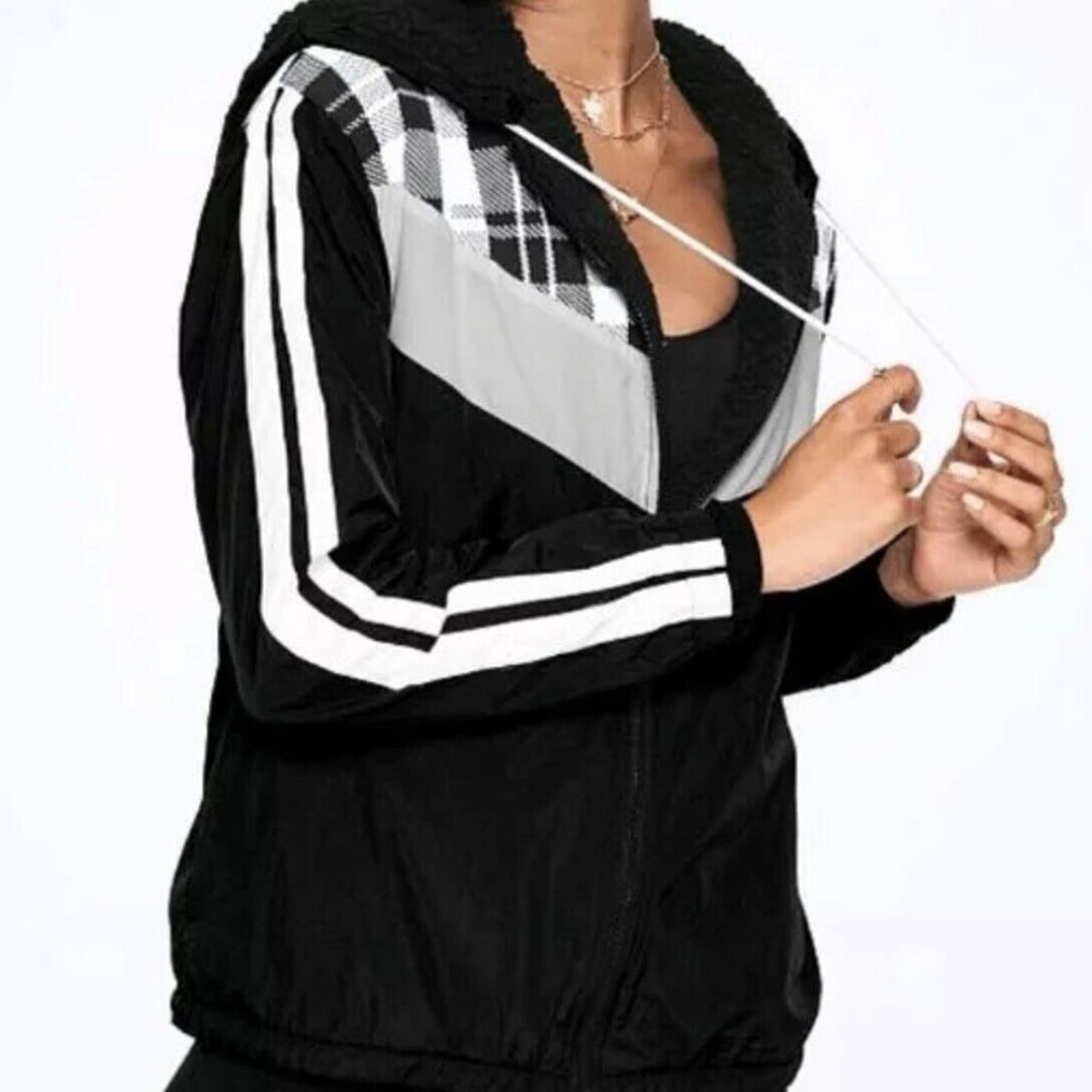 Victoria's Secret "Pink" Sherpa Campus Full Zip Jacket Anorak Black White M/L