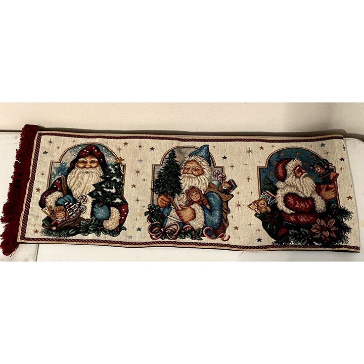 Vintage Old World St Nick Tapestry Table Runner 72 In Long 13 In Wide Fringed