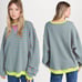 Free People Classic Striped Crew Sweatshirt Oversized Pink Combo Green Stripes L