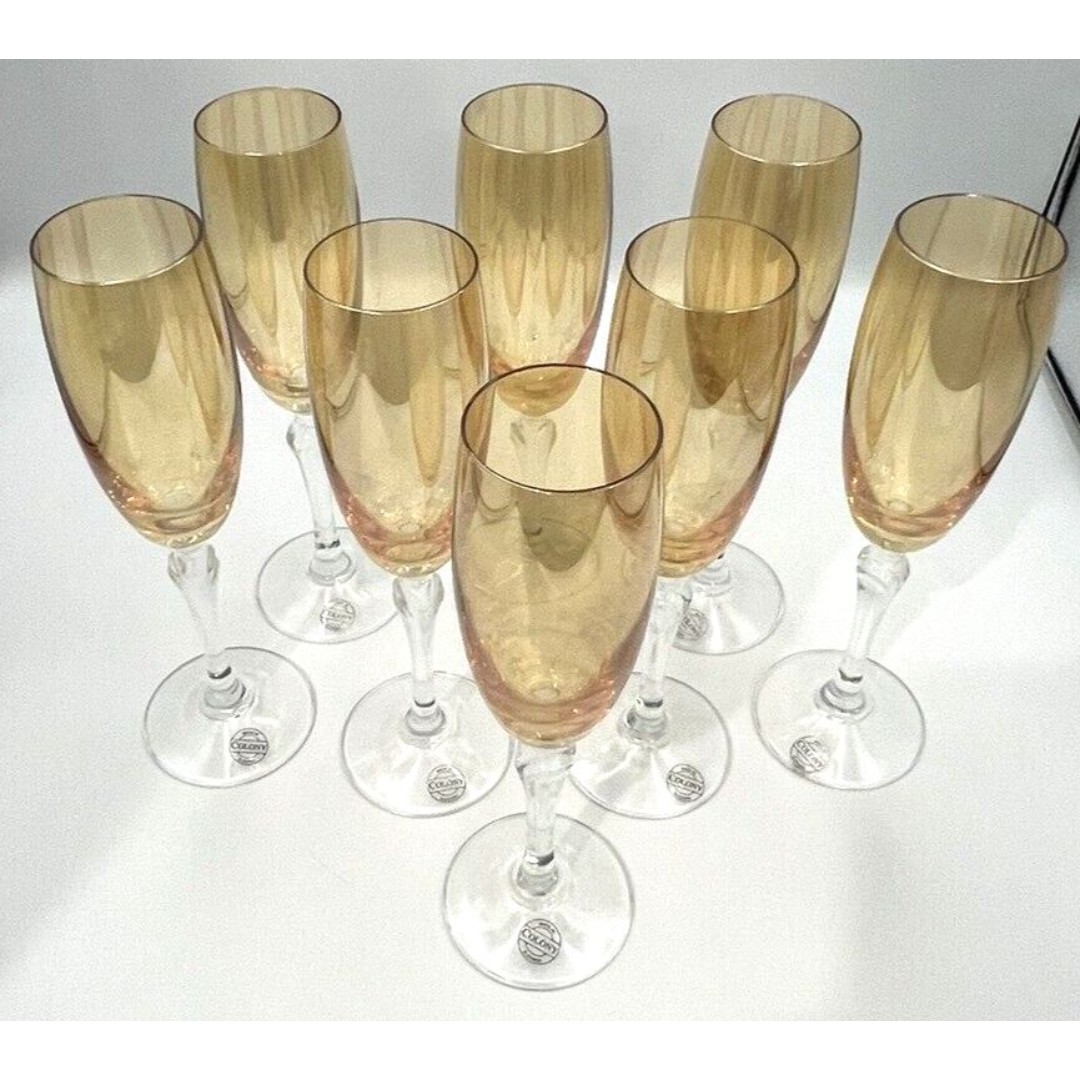 FREEship! 8 Bohemian Czech Crystal Champagne Flutes Wine Glass Amber Colony