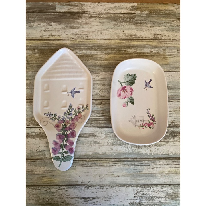Vintage 1990s Pfaltzgraff Cape May Ceramic Spoon Rest & Hors D'Oeuvres Plate Set