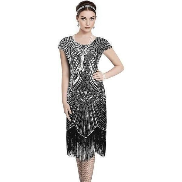 Flapper Great Gatsby Roaring 1920s Retro Tassel Fringe Silver Sequin Dress NEW L