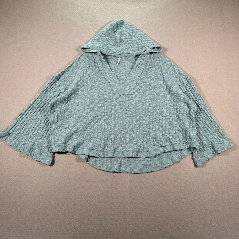 Free People Baja Babe Hacci Hoodie Sweater Womens Small Blue Cropped Oversized