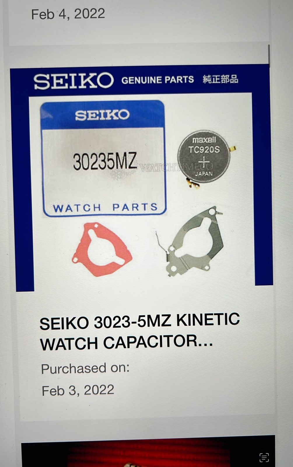 SEIKO 3023-5MZ KINETIC WATCH CAPACITOR