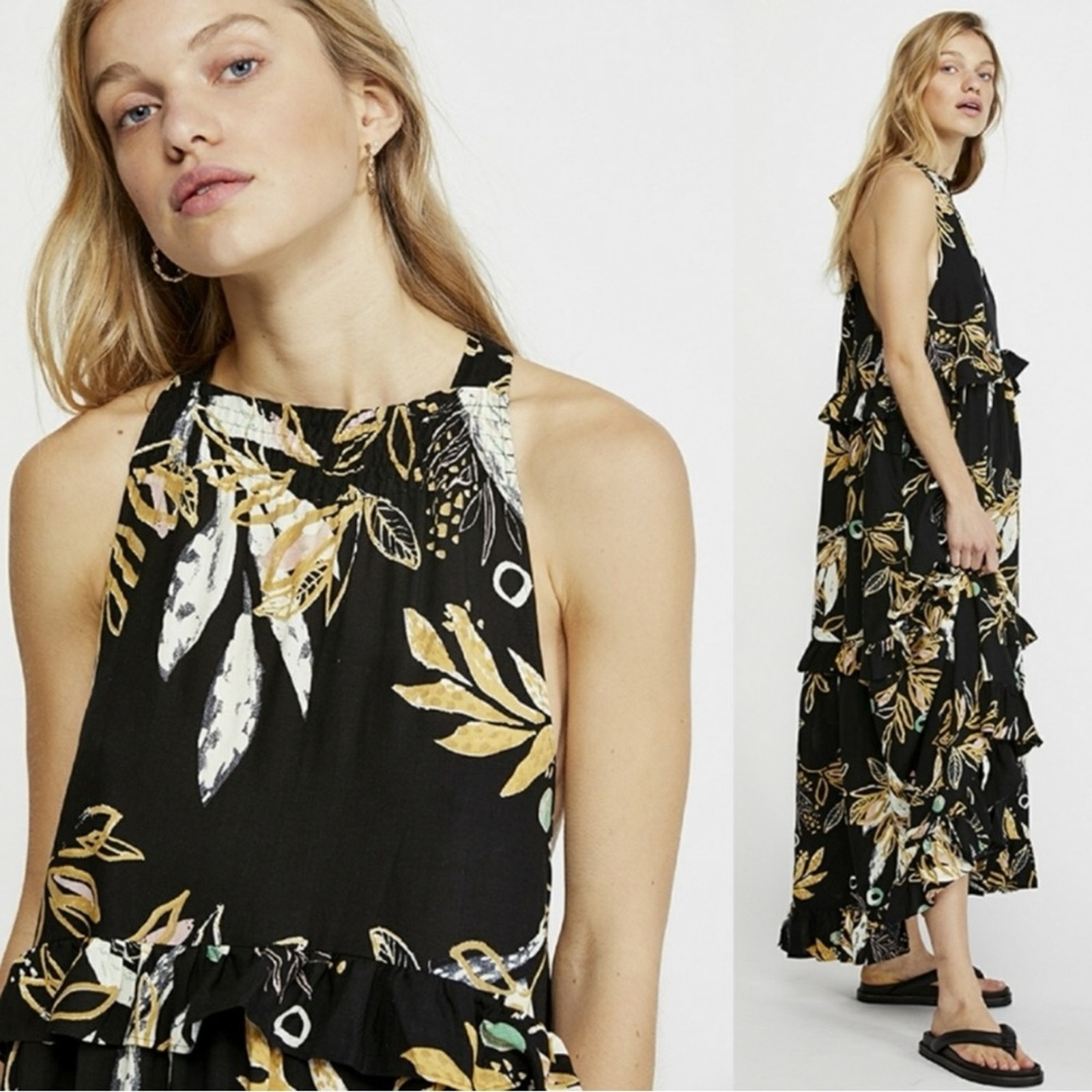 Free People Anita Printed Maxi Dress Black Size Large Tropical Halter Bohemian