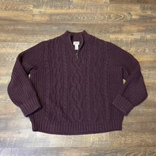 LL Bean 1/4 Zip Sweater Mens XL XLarge Burgundy Cableknit Wool Blend Fisherman