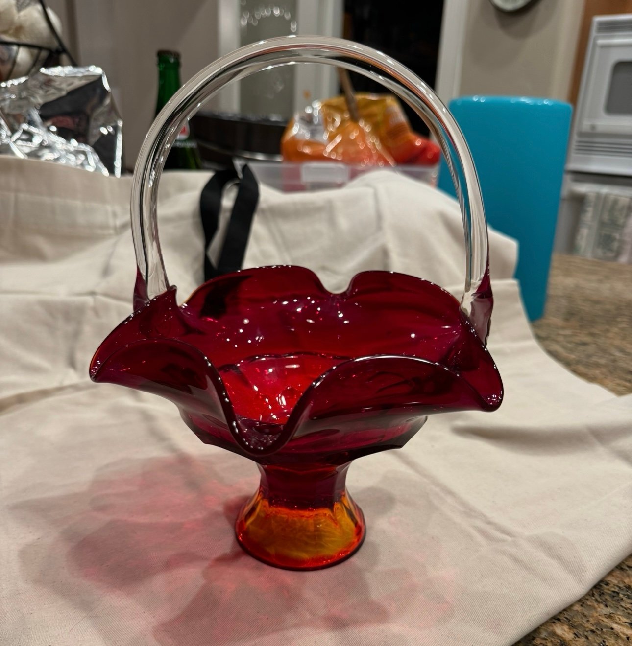 Ruby Viking Georgian Honeycomb Glass Basket Yellow Crest Clear Applied Handle