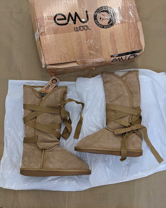 Emu Australia merino wool sand suede tall winter boots - adjustable wide calf