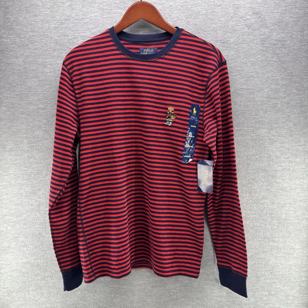 POLO RALPH LAUREN - Men's Red /Blue Stripe Polo Bear Waffle Thermal Medium Shirt