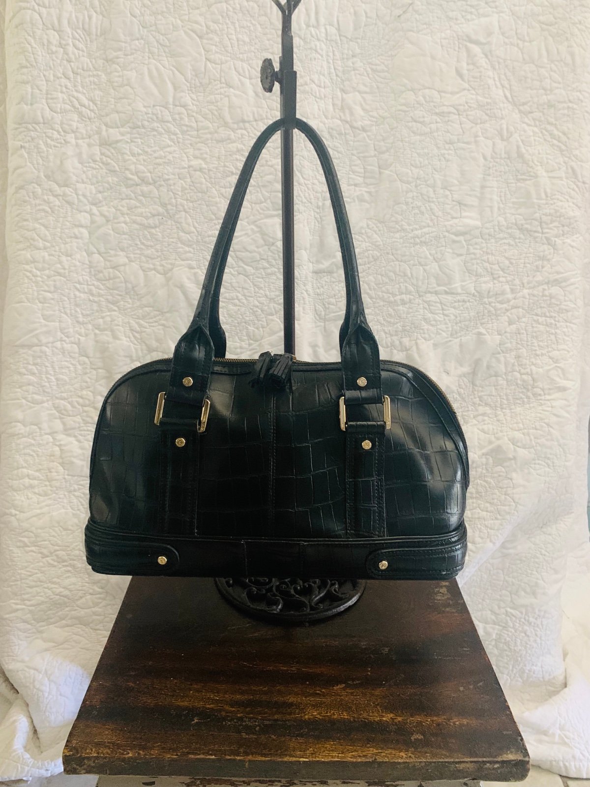 Black Faux Vintage Alligator Satchel
