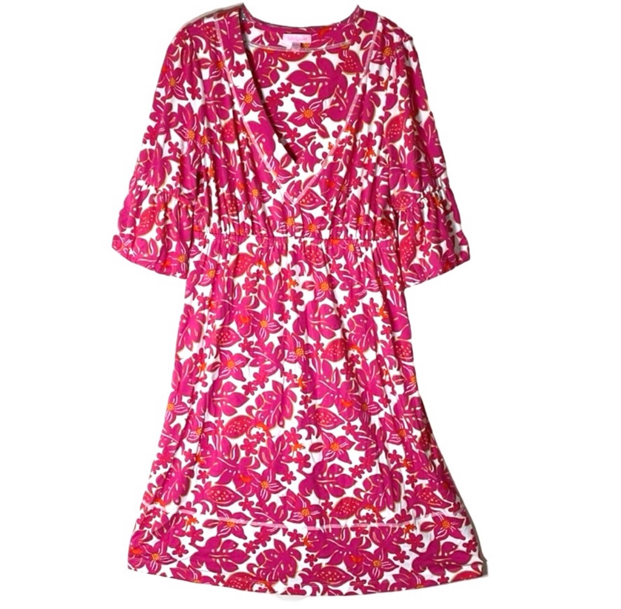 Lilly Pulitzer Hot Pink 3/4 Bell Sleeve Floral Gecko Print Knit Dress Sz. Medium