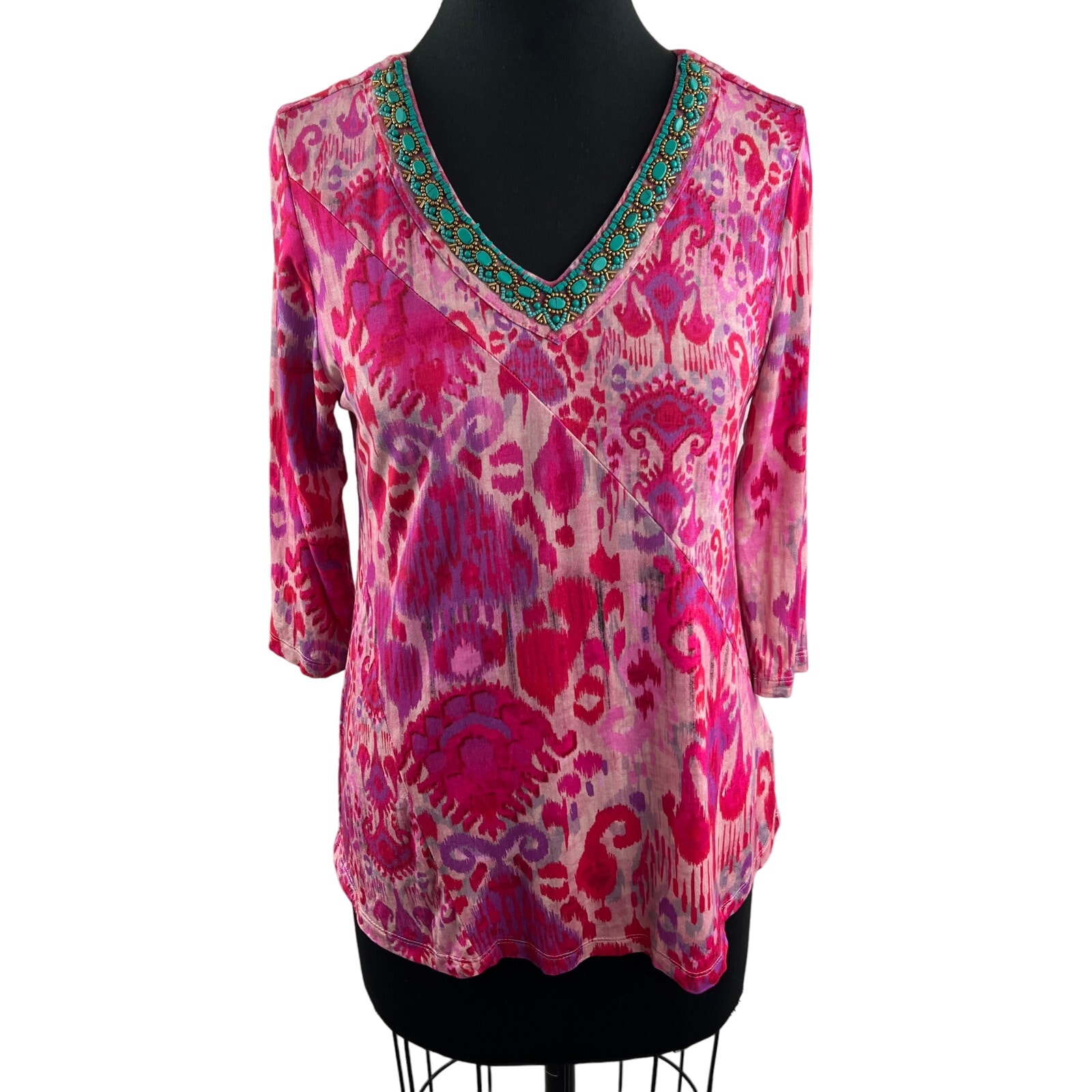 Soft Surroundings Beaded V-Neck Tunic Top Pink 3/4 Sleeve Stretch Size S Small