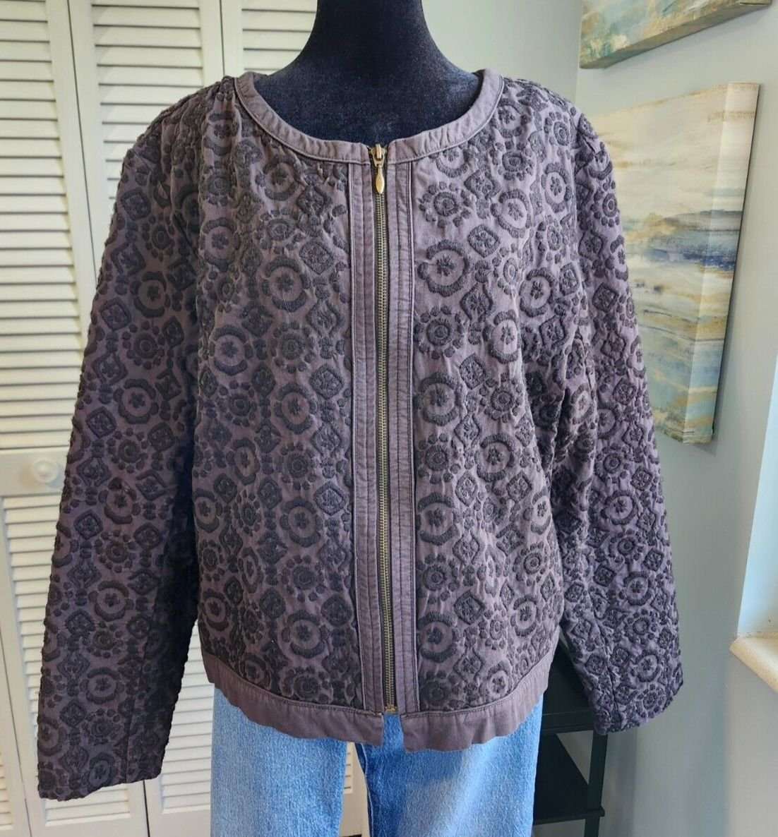Chico's Embroidered Tapestry Jacket Chico size 3 or XL Gray & Black Full Zip
