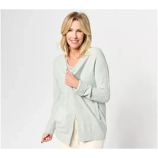 Barefoot Dreams CozyChic Lite Ribbed Cuff Coastline Cardigan Sea Glass,2X