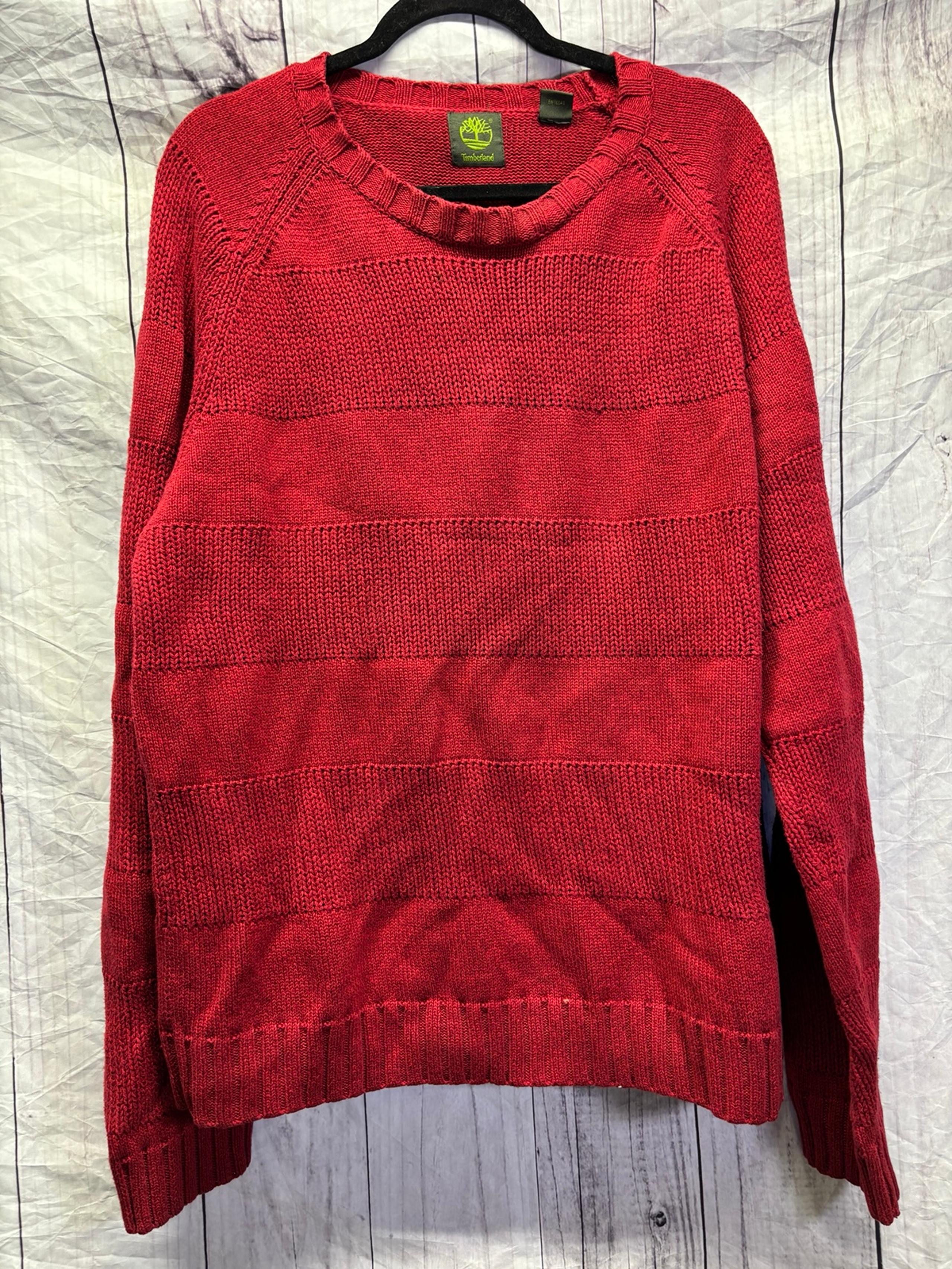 Timberland Red Cable Knit Sweater 100% Cotton Heavy Ribbed Weave Pullover XL