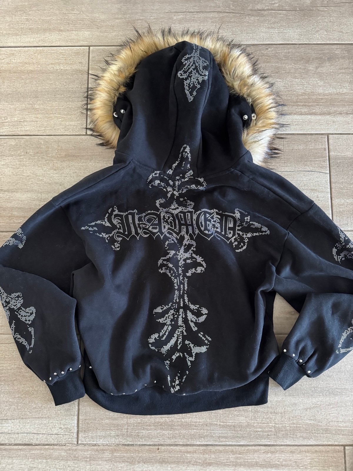 NAMED COLLECTIVE FERAL FAUX FUR STUDDED ZIP HOODIE BLACK