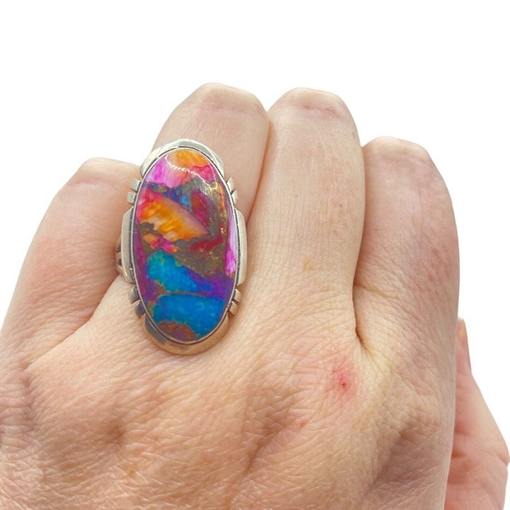Sterling Silver 925 Rainbow Spiny Oyster Ring Size 8 Southwestern T Philippines