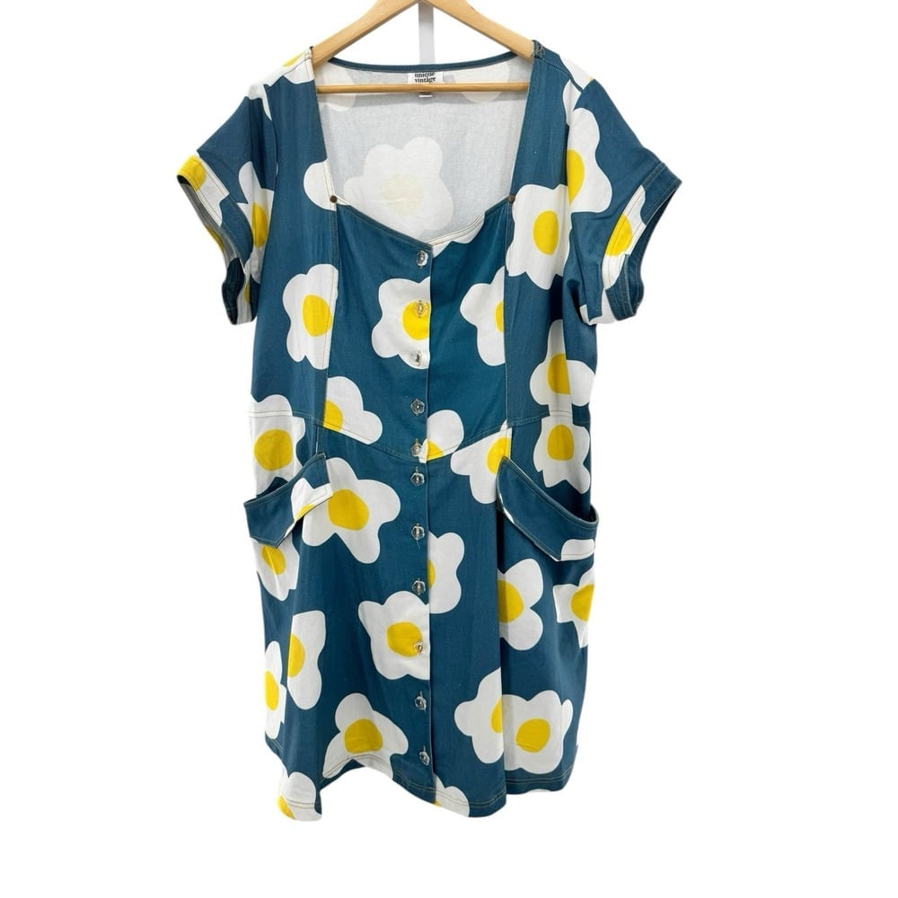 Unique Vintage Plus Size 5X Blue Denim & Egg Flower Print Fit & Flare Dress