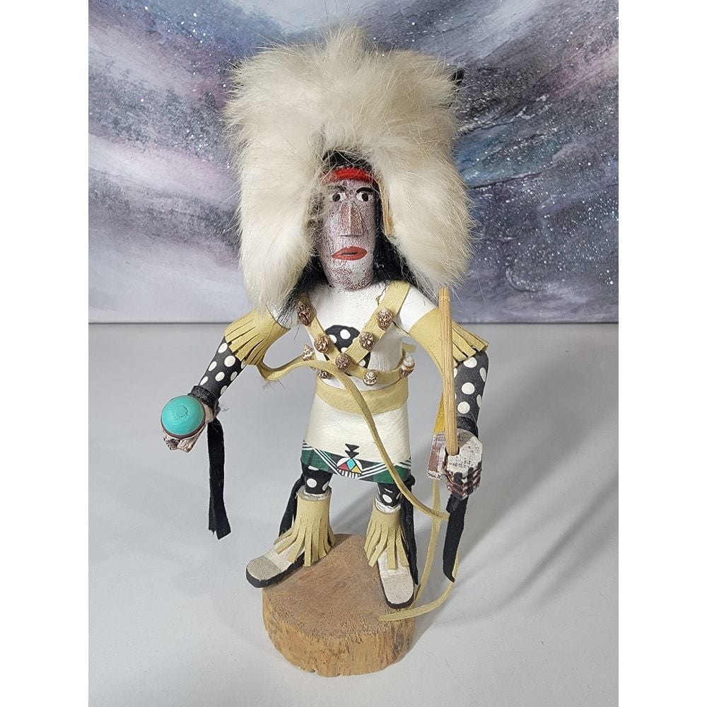 SIGNED VTG Native American Handmade Indian Warrior Doll Kachina White Buffalo