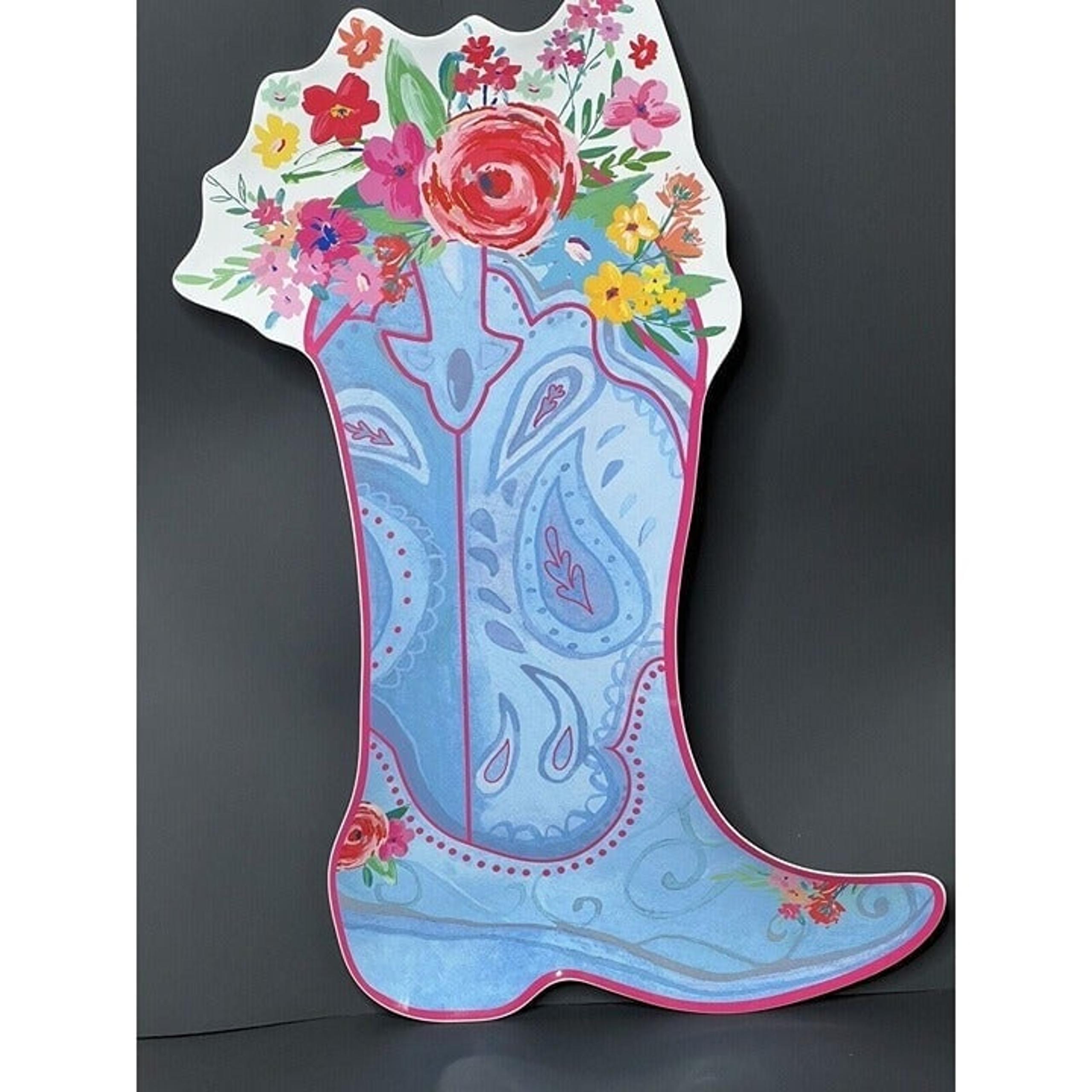Free Ship Pioneer Woman Serving Platter Cowgirl Boot Floral Blue Melamine New