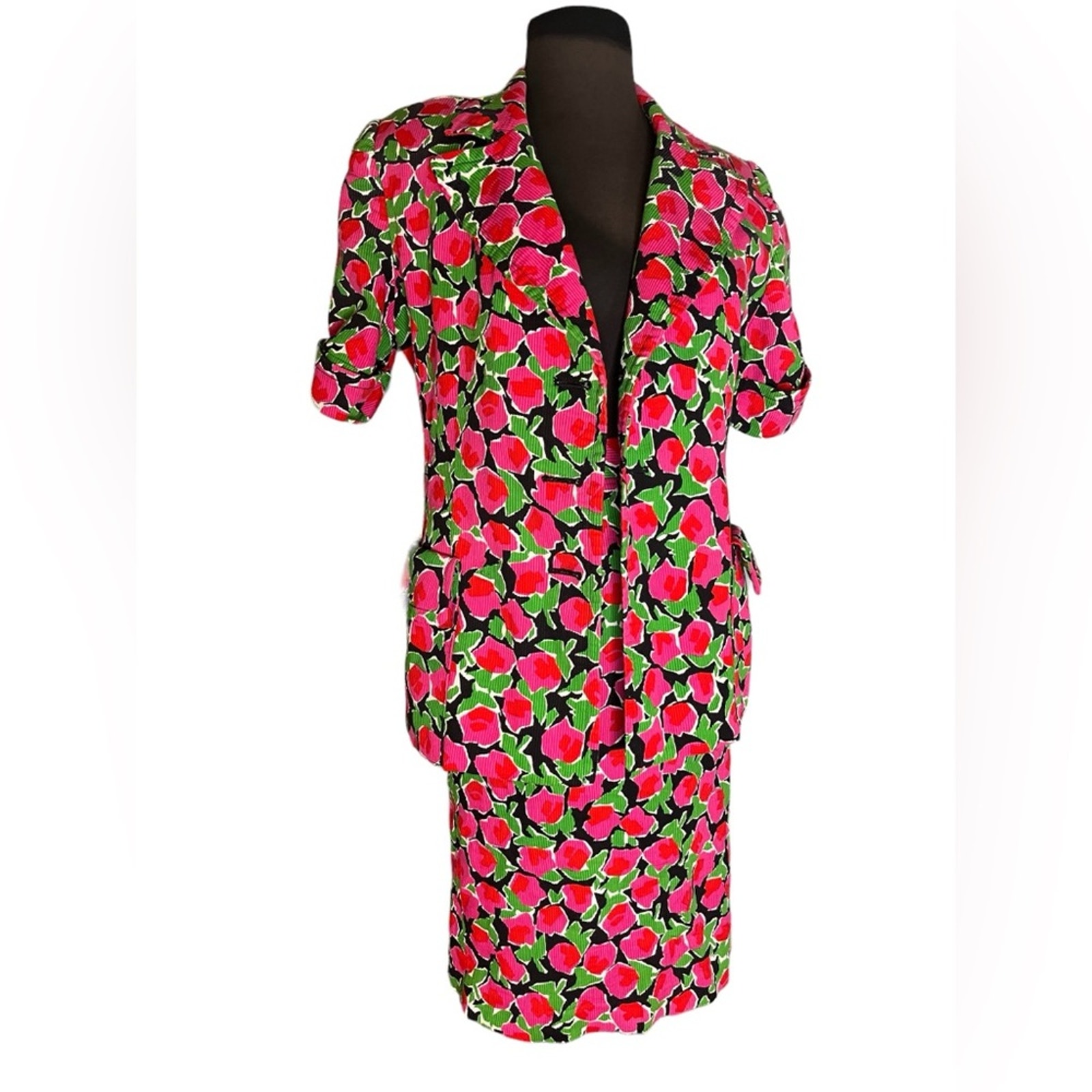 Vtg Corduroy Pink Floral Feminine Colorful Blazer And Pencil Skirt Coord Set 6