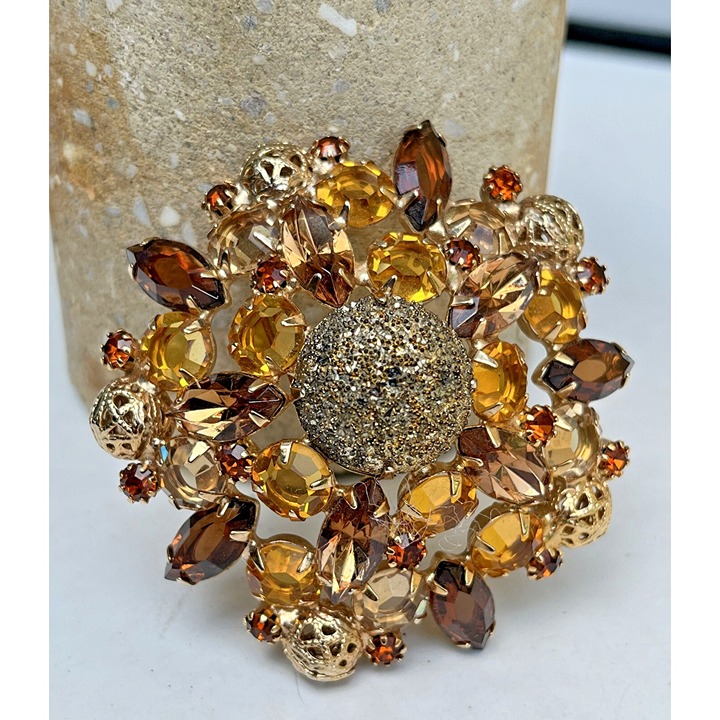Vintage Juliana D&E Filigree Bead Topaz Amber Fall Rhinestone Domed Brooch