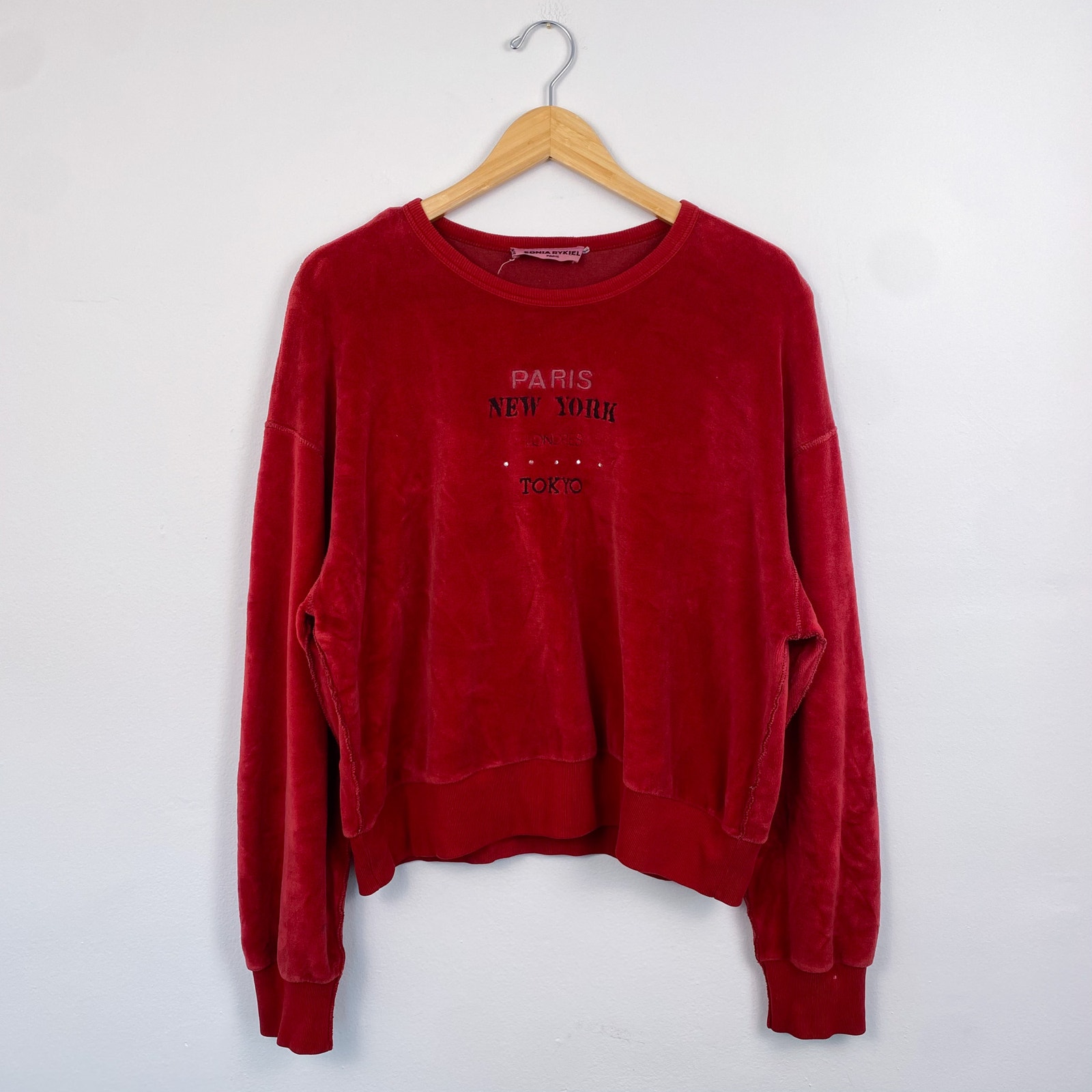 Vintage Sonia Rykiel Paris Velour Embroidered Sweatshirt Red