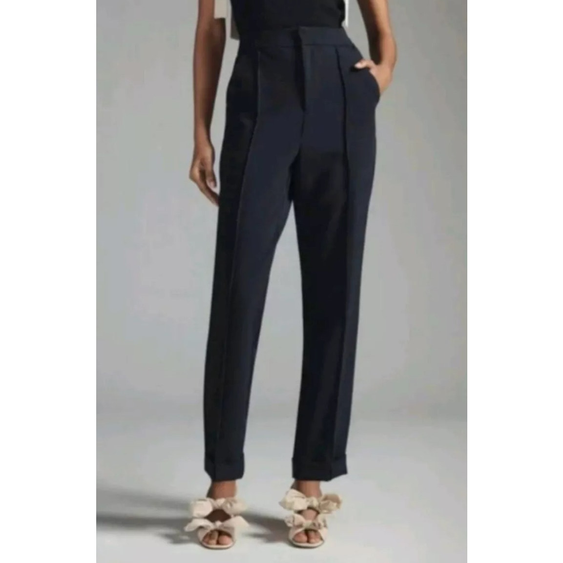 Maeve By Anthropologie Pintuck Tapered Leg Trouser Cuffed Pants Black Size 10