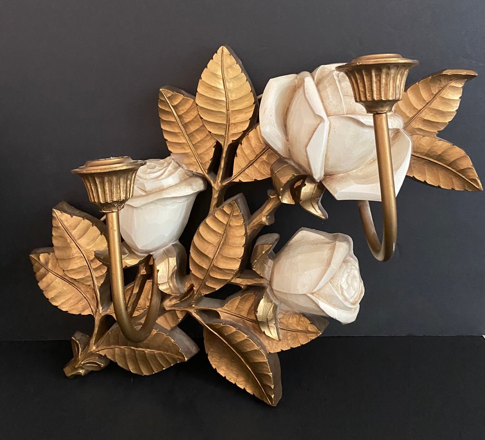 Syroco Hollywood Regency Gold White Roses Wall Candle Sconce Resin Metal