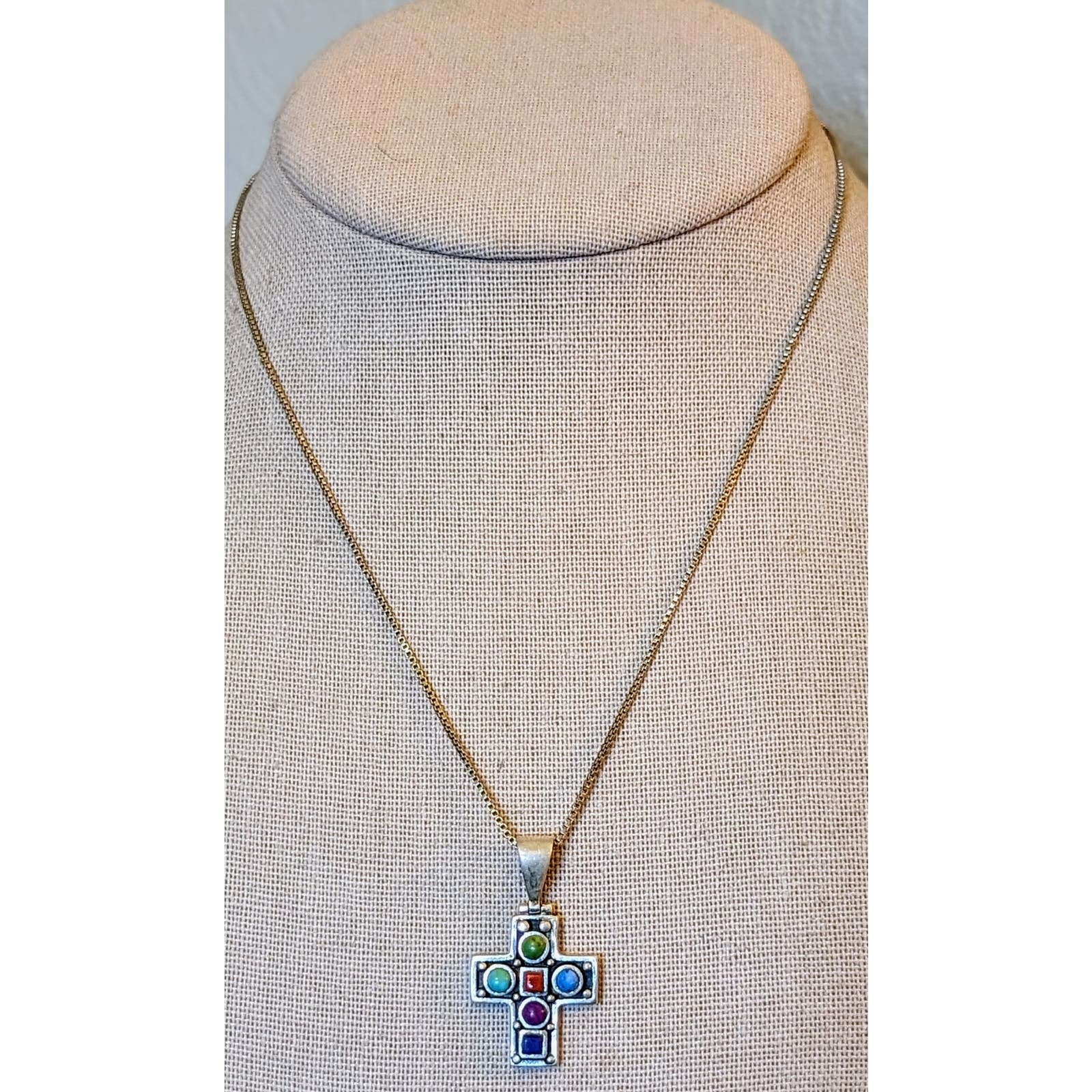 Vintage Sterling Silver Gemstone Cross Pendant Multicolor Southwestern Necklace