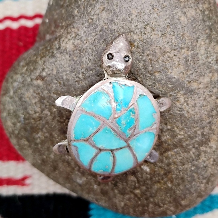 VTG Native Zuni Turquoise Inlay Sterling Silver Turtle Tortoise Brooch Pendant