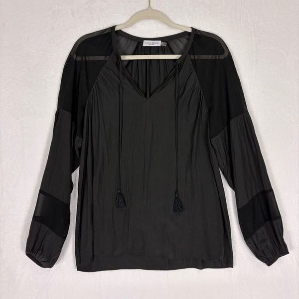 Ramy Brook New York Black Sheer Sleeve Long Sleeve V Neck Blouse Top Size Small