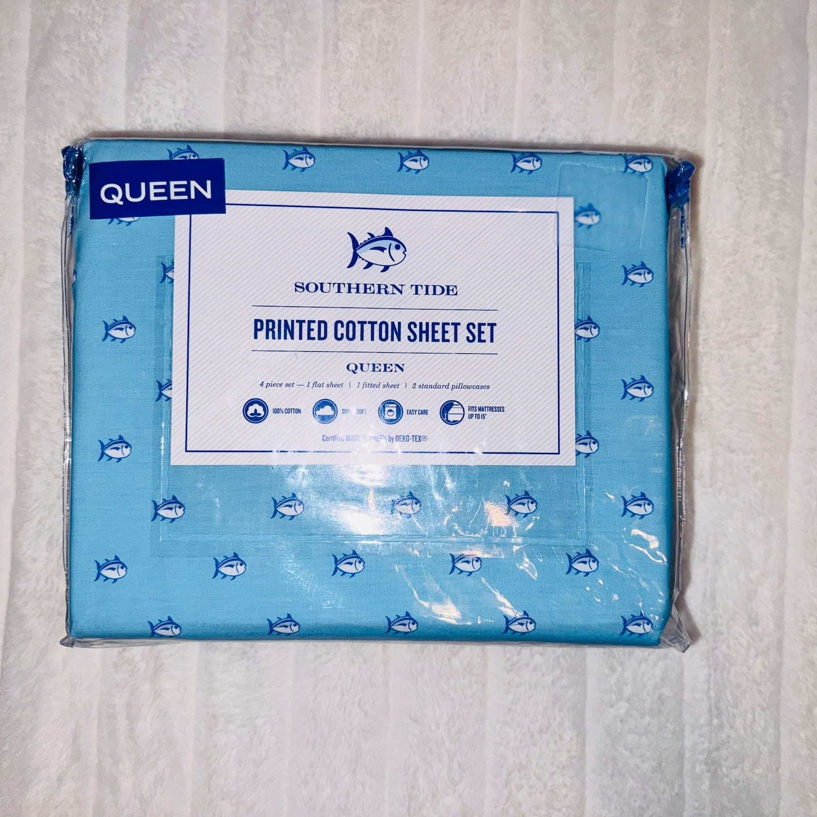 NIP Southern Tide QUEEN Sheet Set 4PC Skip Jack Blue Topaz 100% Cotton
