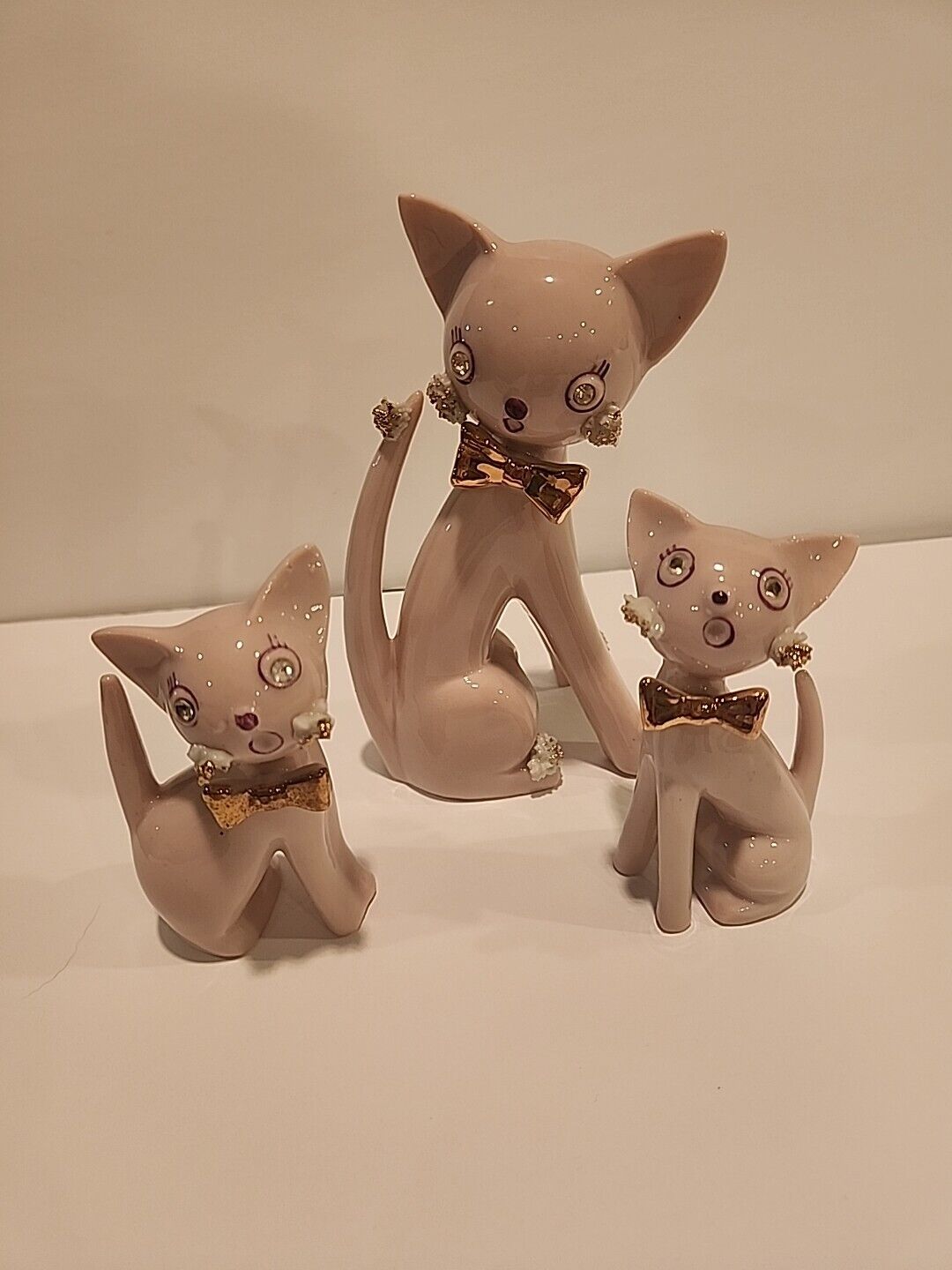 3 MCM Vintage Tilso Pink Cat Gold & Spaghetti Trim Cats Rhinestone Eyes