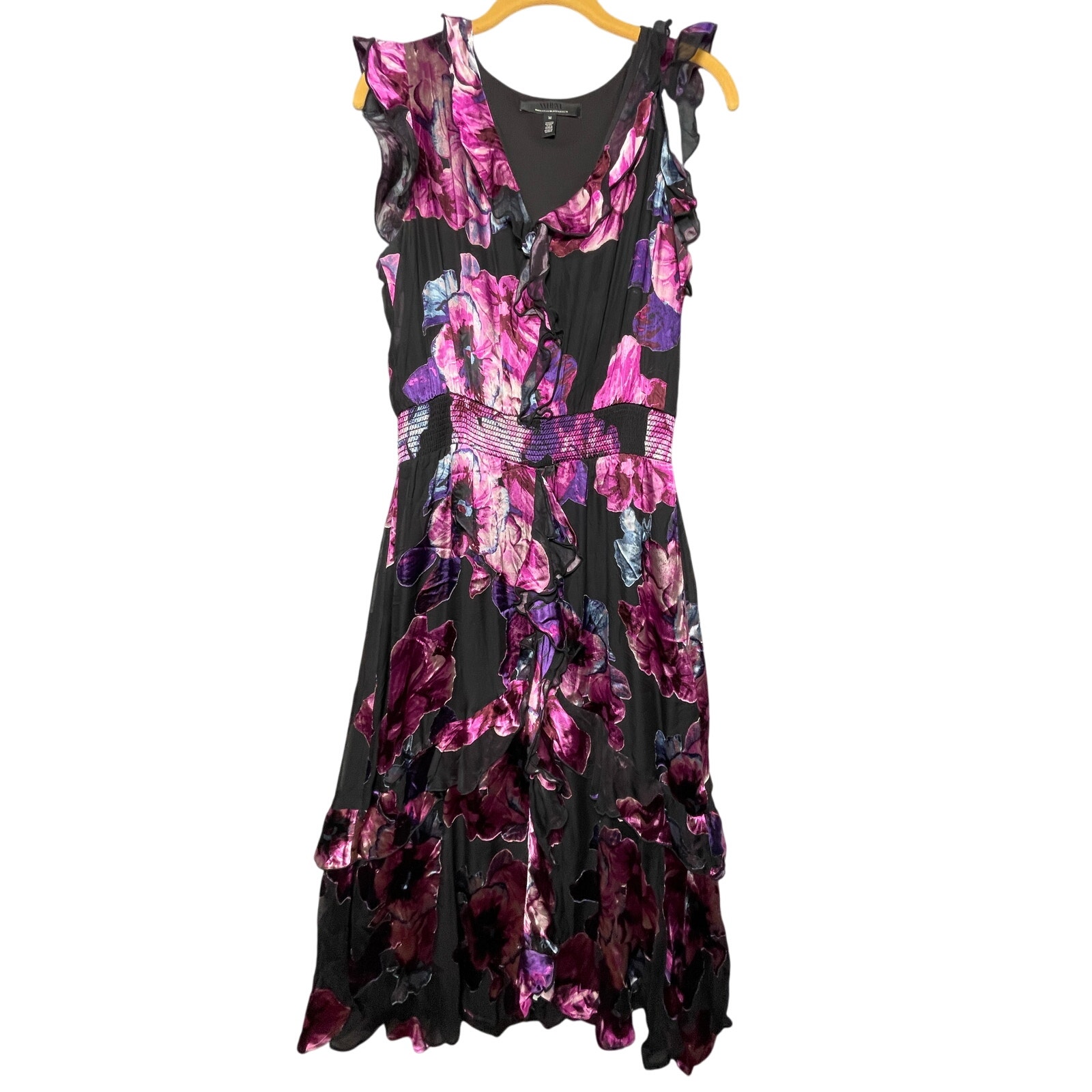 WHBM Silk Burnout Ruffle Midi Whisical Floral Print Size Medium Dress