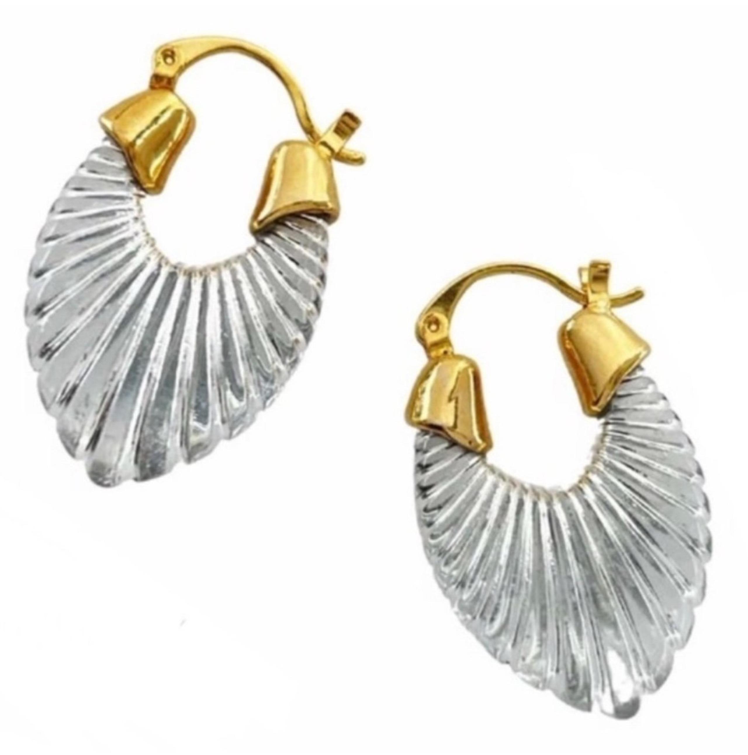 Anthro “Gabi” Sculptural Silver & Gold Scalloped Striated Parabola Frosted Hoops