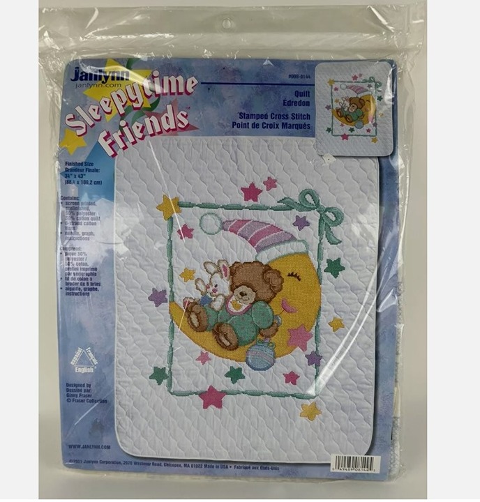 Janlynn Sleepytime Friends Stamped Cross Stitch Baby Quilt Kit Moon Stars Bear