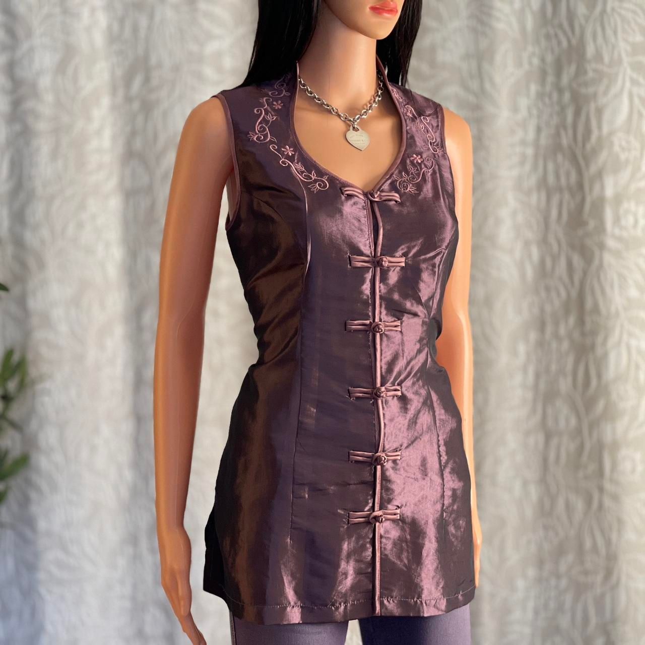 Vintage Handmade Iridescent Satin Mandarin Collar Vest Top Plum Purple Size L