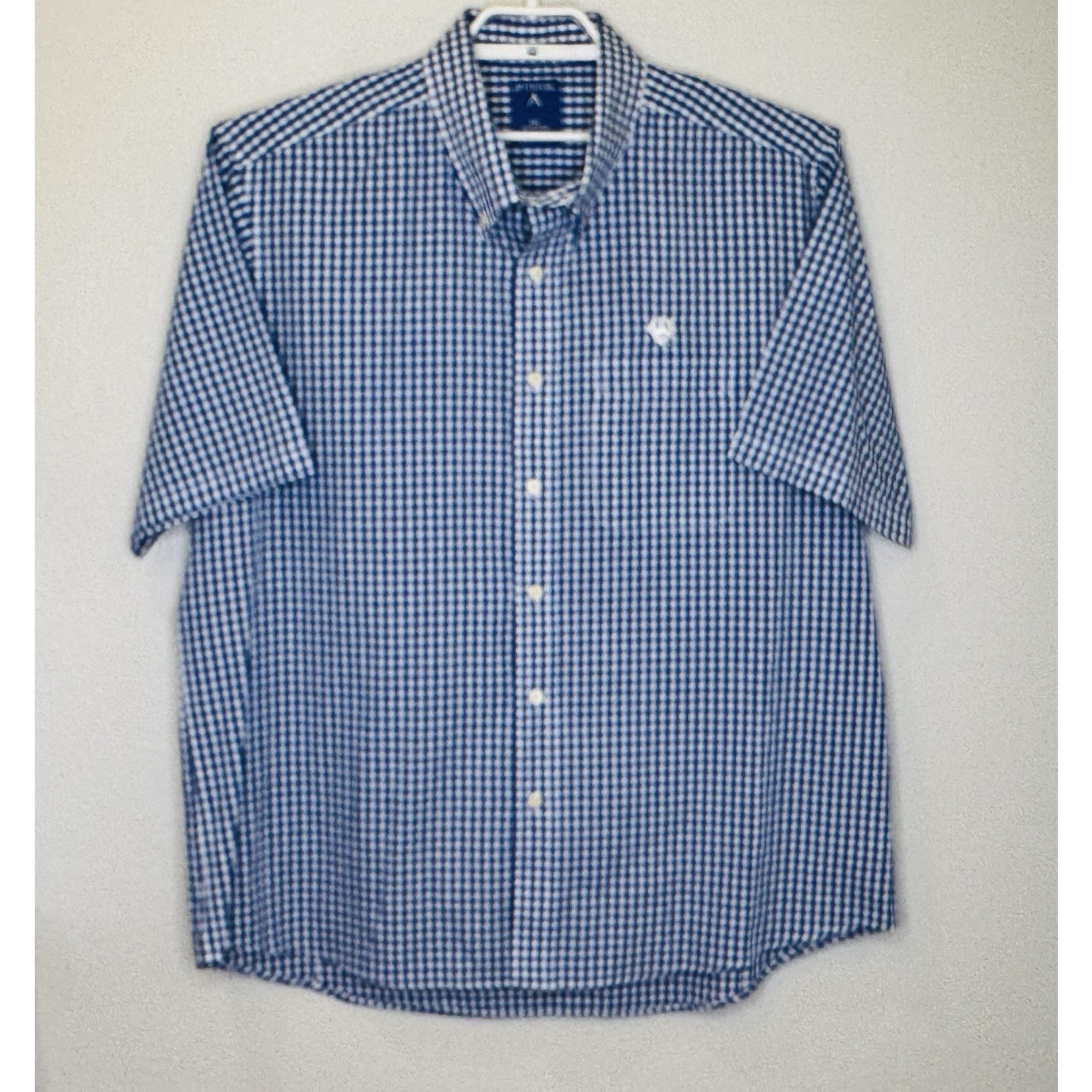 Antigua Button Up Shirt Mens Sz XXL Blue Check Short Sleeve Cotton Blend Collar
