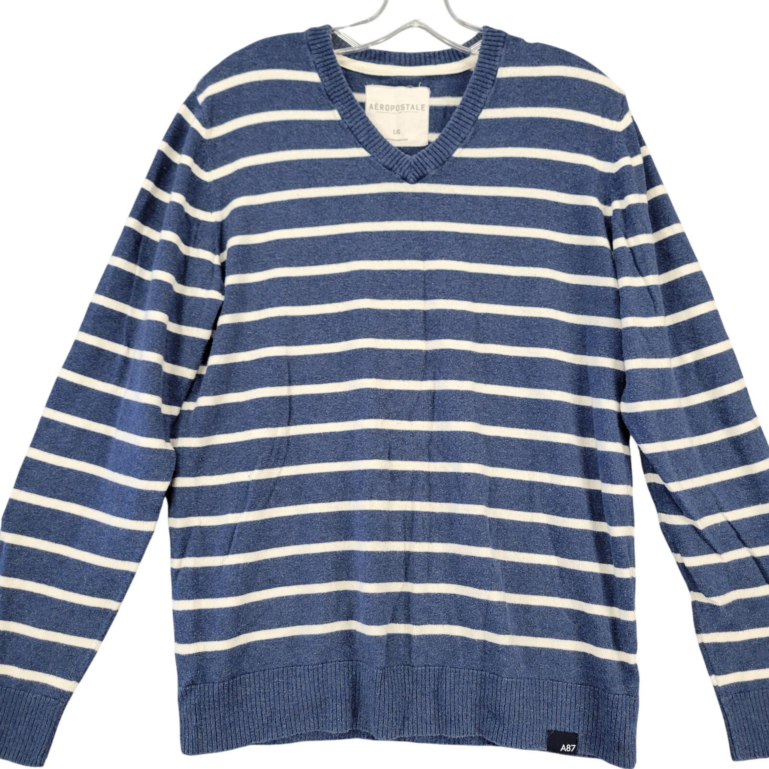 Aeropostale Sweater Blue Preppy White Stripe Long Sleeves V-Neck Men  Size L Top