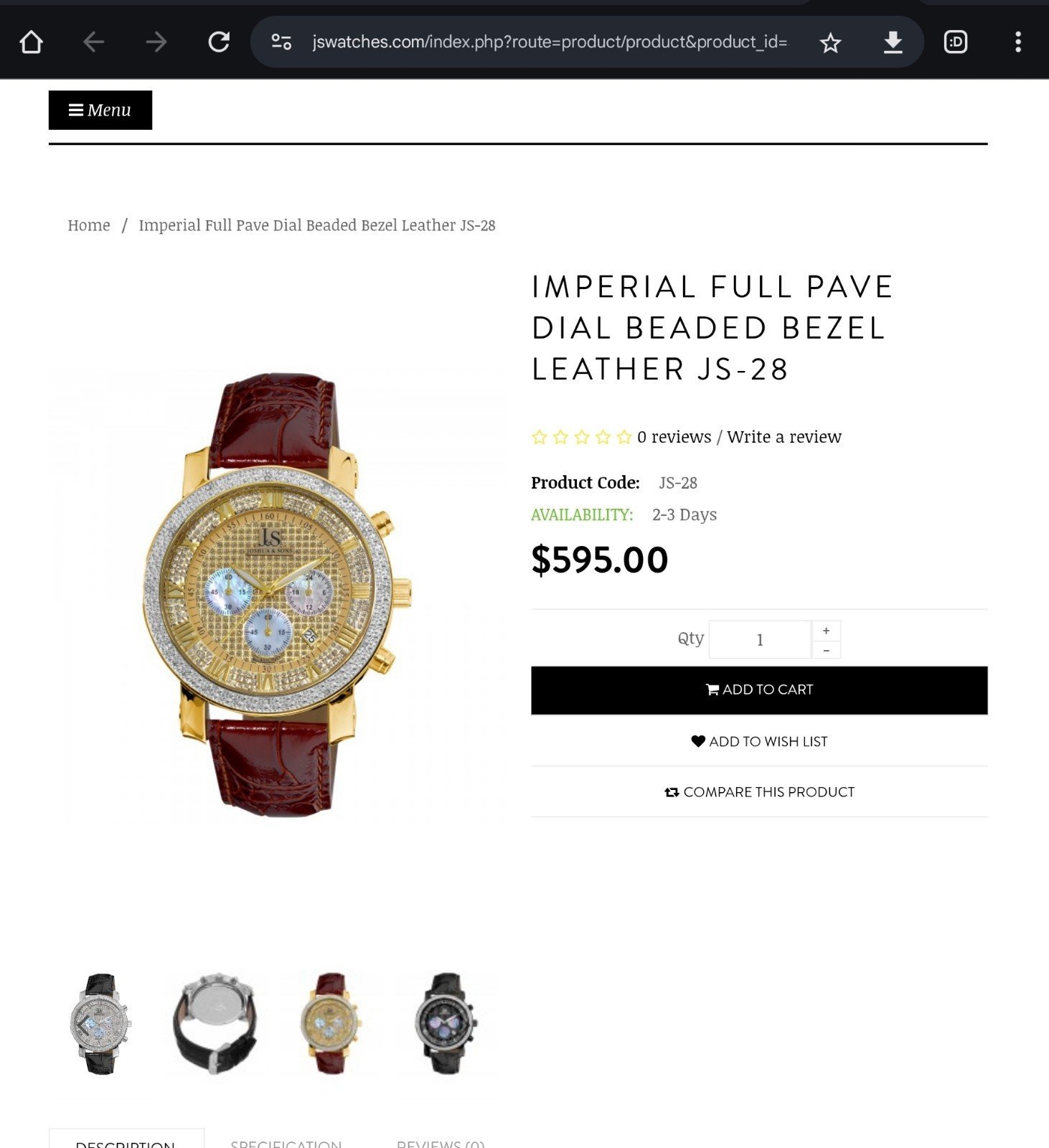 joshua & sons Imperial Full Pave Dial Beaded Bezel Leather JS-28