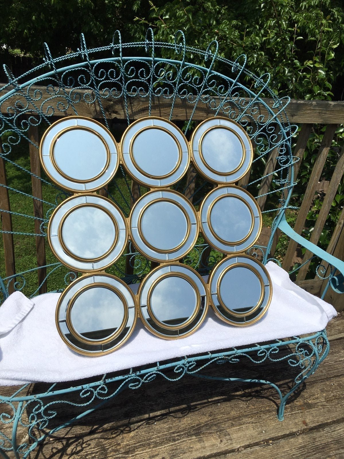 Vintage MCM Boho Mirror Wall Mounted 9 Circle Gold Bronze Finish Circa 1970s