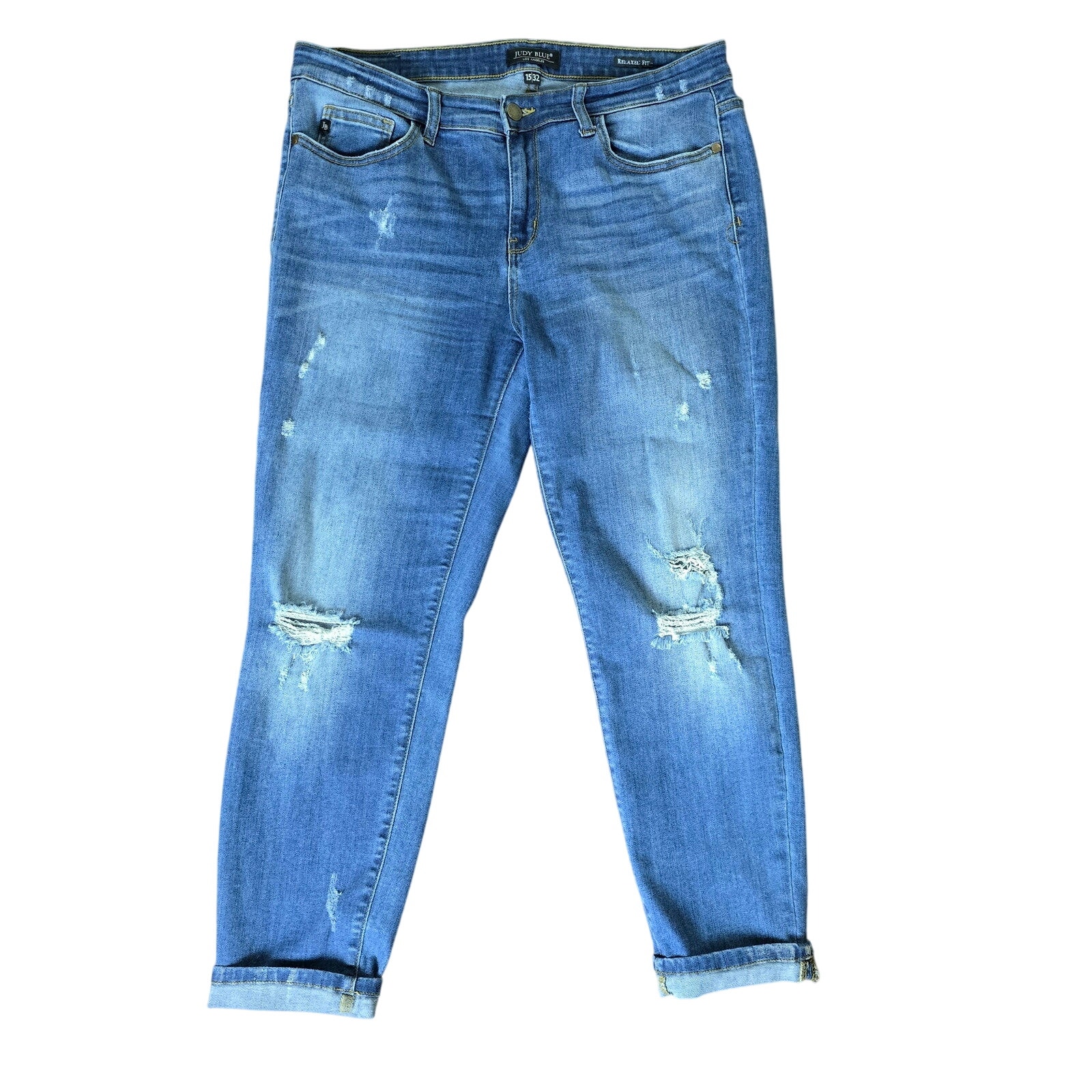 Judy Blue Relaxed Fit Distressed Stretch Jeans Rolled Cuff JB8271DK Size 15/32