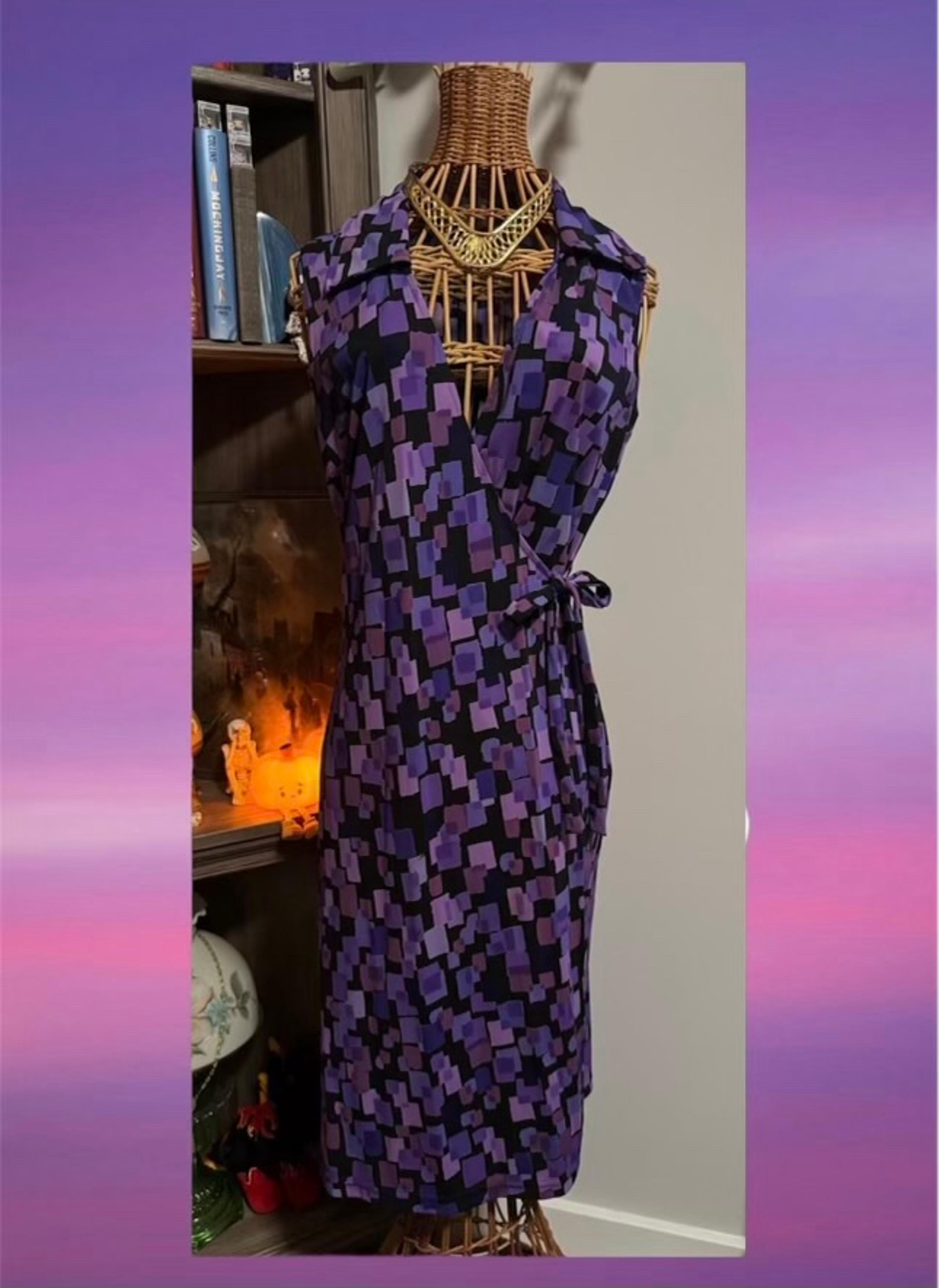 Vintage La Belle 90s Y2K Purple Black Geometric Disco Collared Wrap dress Sz M