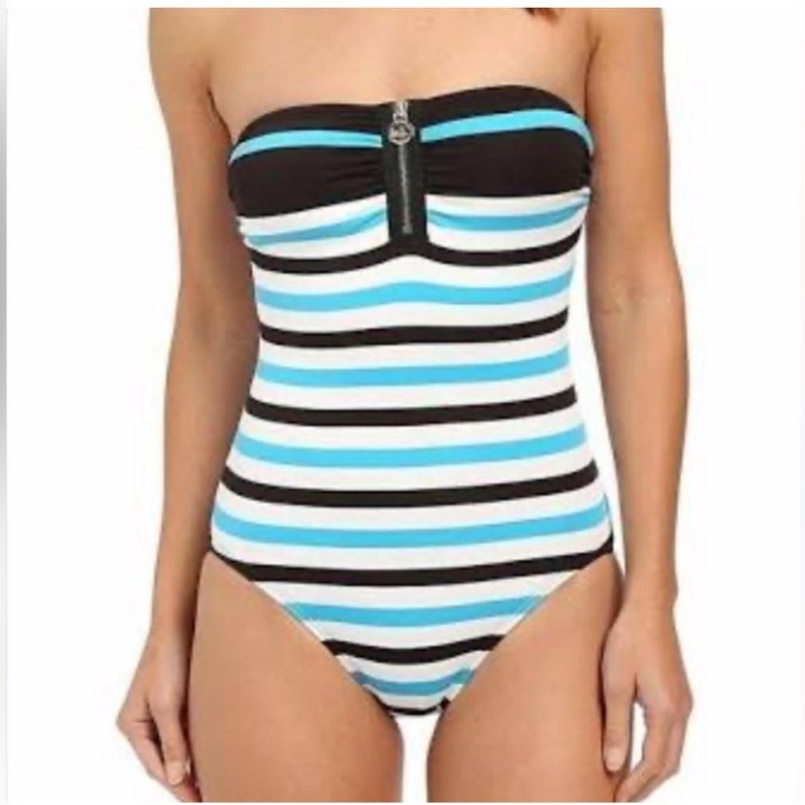 Michael Kors Helsinki Bandeau Mailot Striped Zipper  One Piece Swimsuit. Size 10