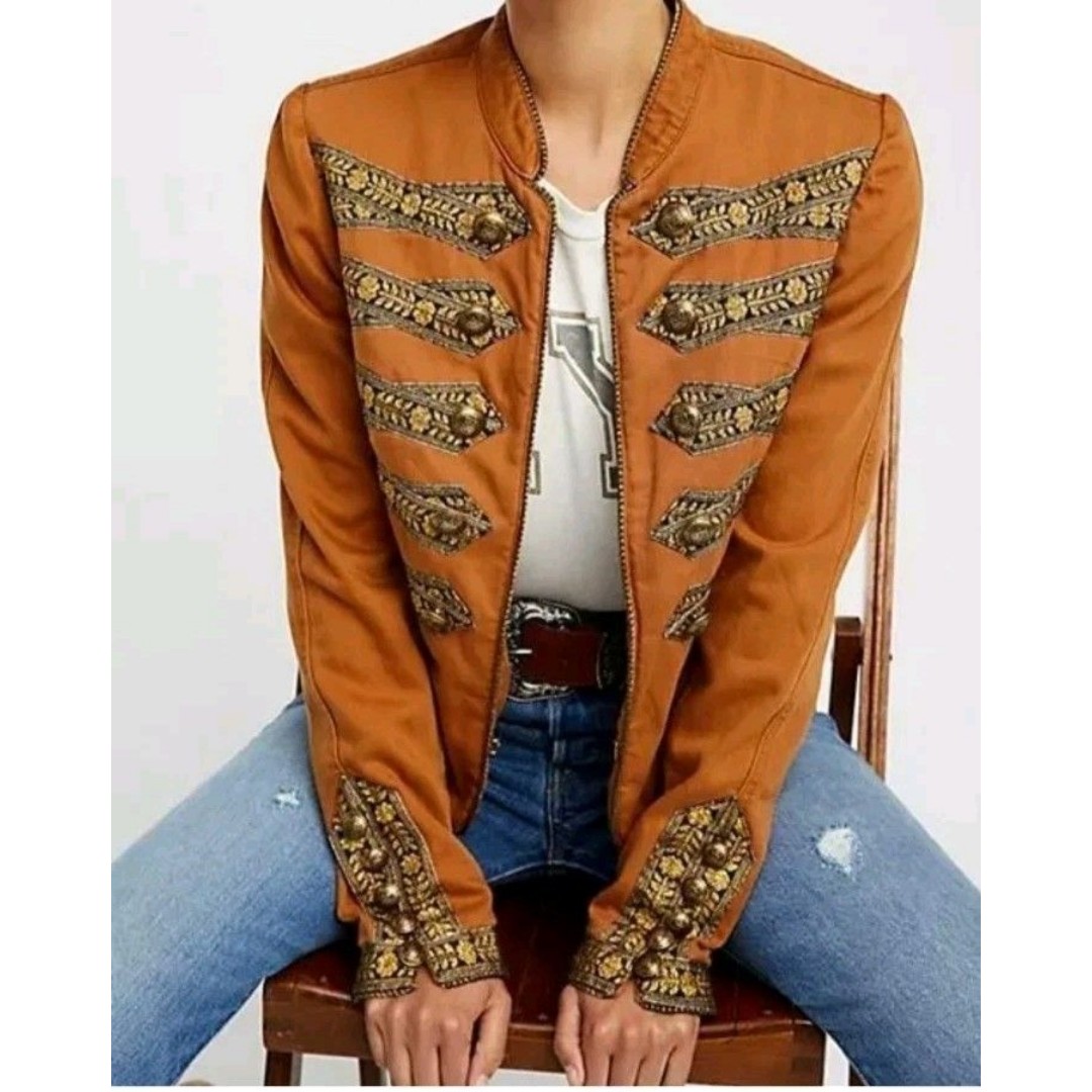 NWT Free People Military Embroidered Jacket Coat Women XS Color Rust MSRP 198