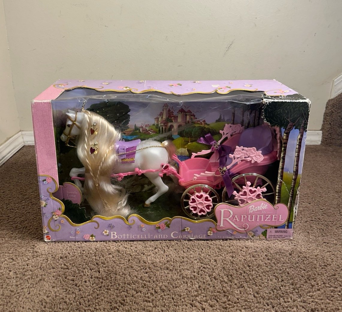 NEW 2002 Mattel Barbie Rapunzel Botticelli Horse & Carriage Vintage NRFB