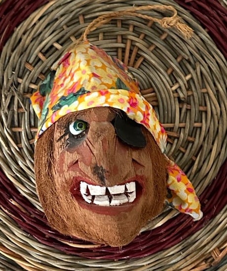 Vintage Handcrafted Coconut Pirate Head Hidden Bank Hanging Wall Art So unique a