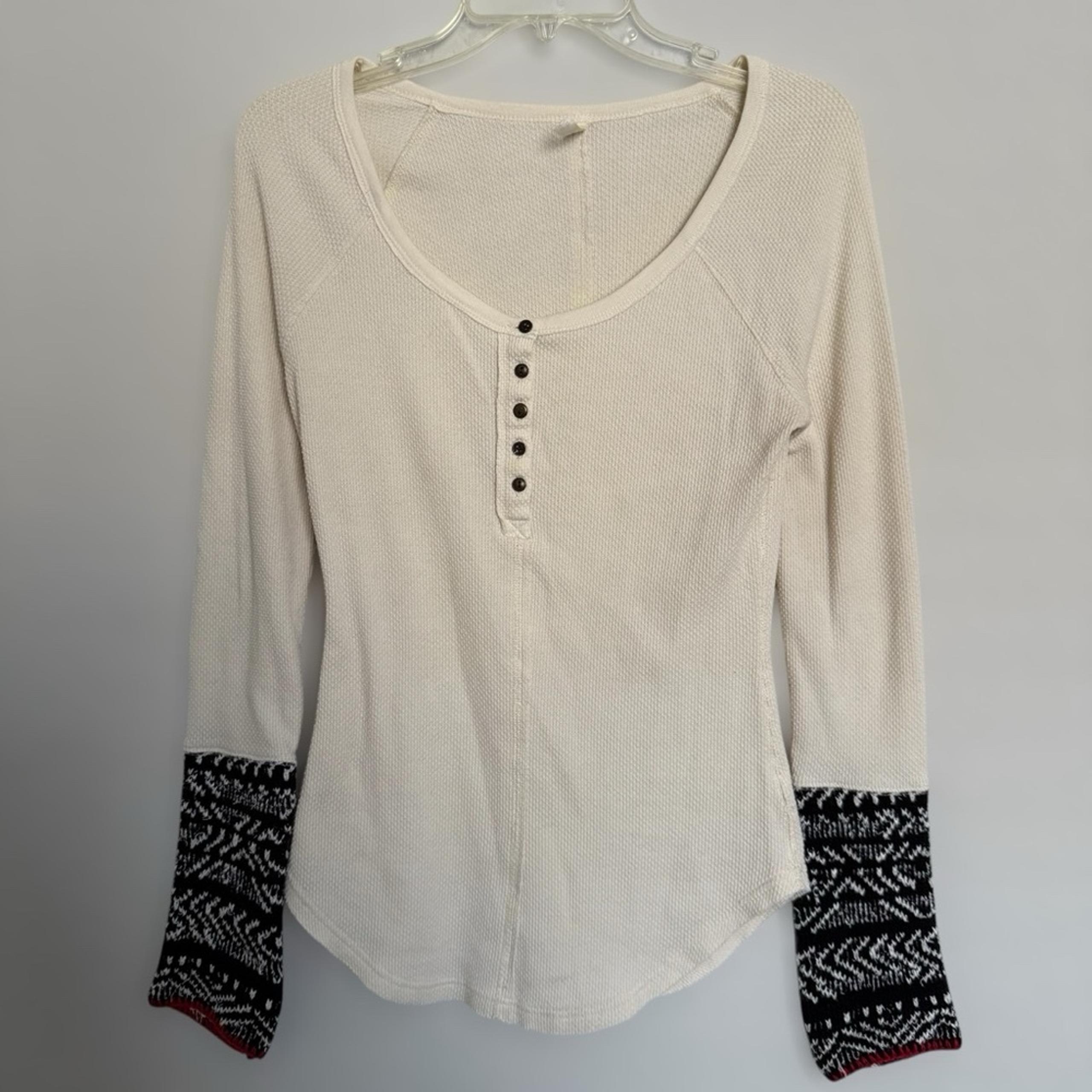 Free People Ivory Waffle Knit Thermal Henley Shirt Size M Boho Alpine Cuff