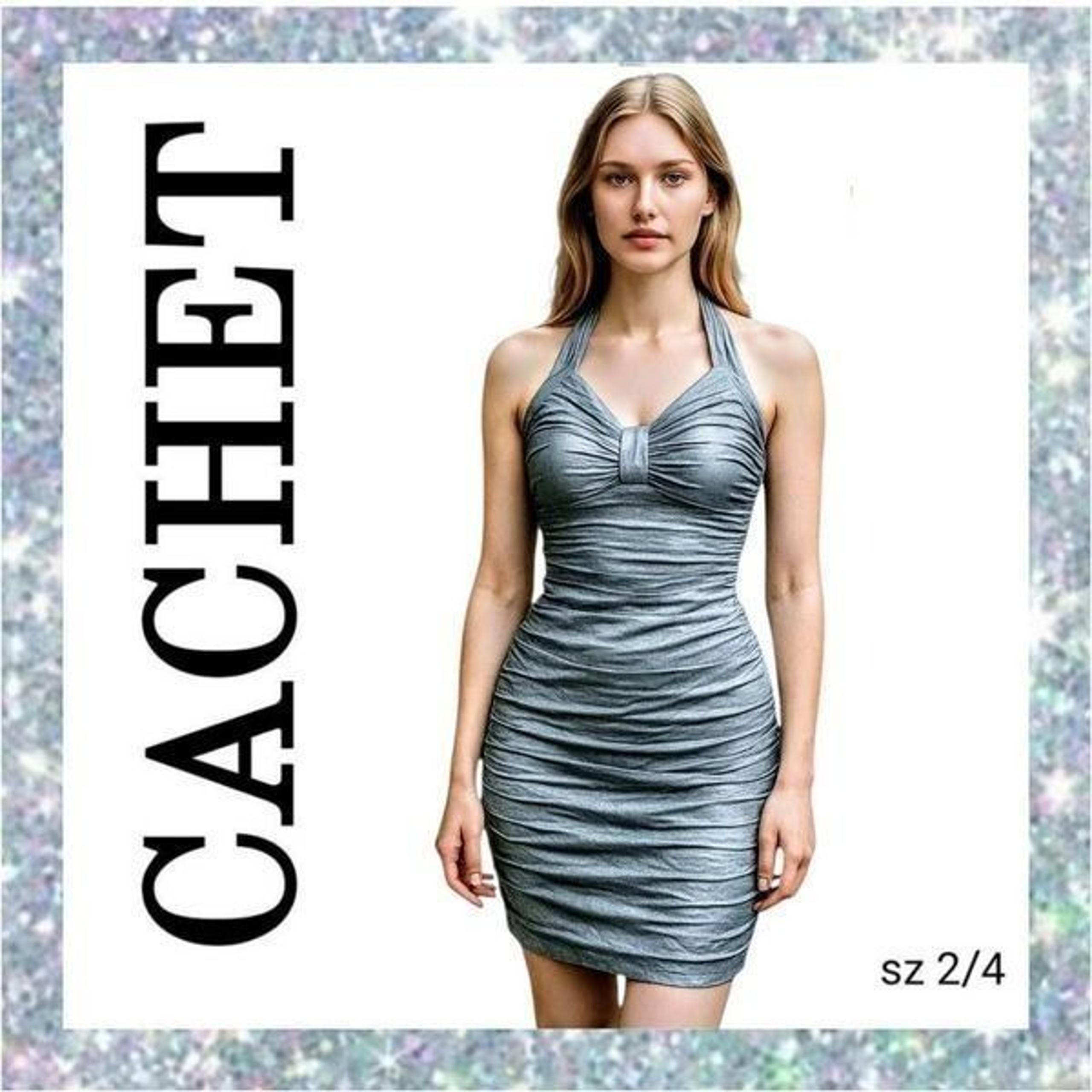 Formal Cocktail Dress Shiny Light Metallic Blue Halter Gathered Tight Bodycon